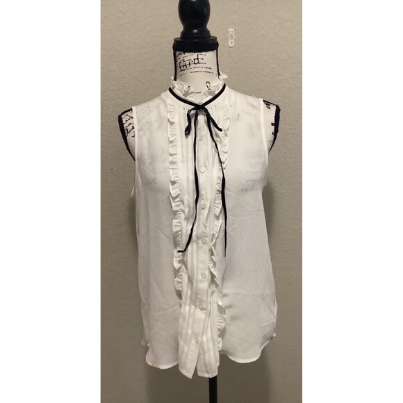 Pleione White Sleeveless Button-Down Blouse W/Ruffle Trim & Black Ribbon - Picture 2 of 5